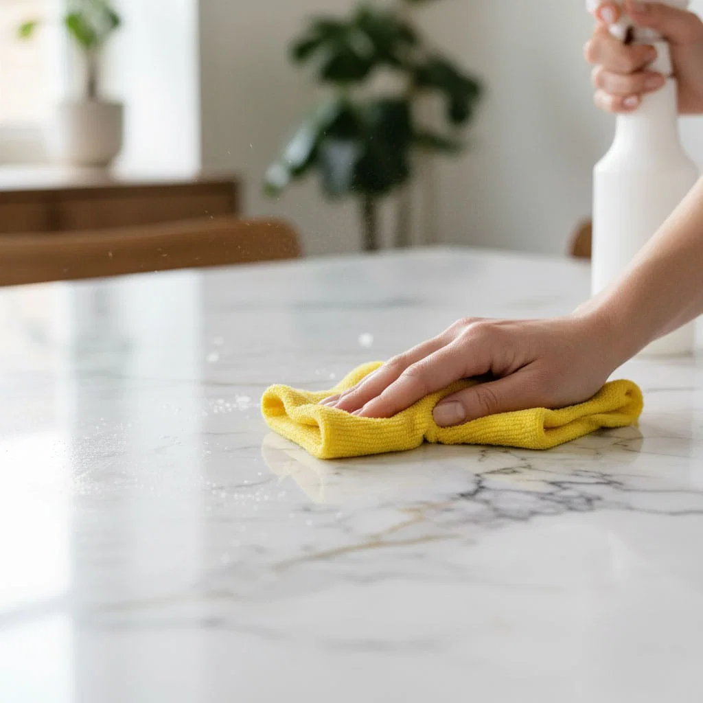 Hand wiping a marble countertop with a yellow cloth and spraying cleaner, showcasing professional cleaning in a bright kitchen.