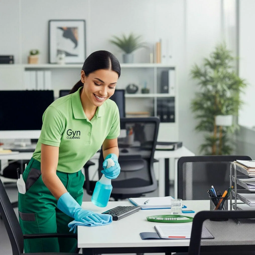 Our Services 1 Our Services A woman in a green uniform smiles as she deep cleans an office desk with spray and a cloth, showcasing professional cleaning expertise.