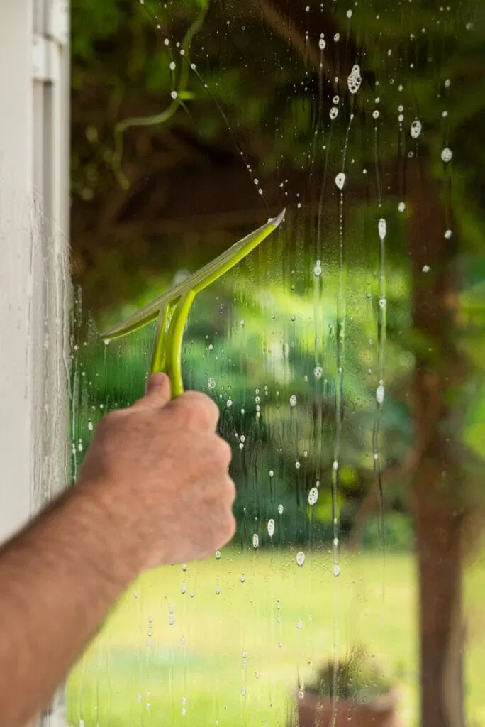 A person cleans an interior window with a squeegee, removing soapy water, while greenery is visible outside.