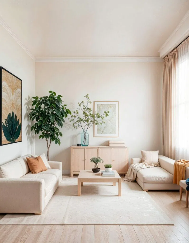 Bright living room with beige sofas, a coffee table, plants, framed art, and a large sunlit window—kept spotless with regular house deep cleaning for a fresh and inviting space.