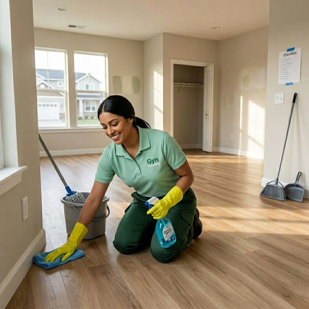 Our Services 9 Our Services Woman in uniform cleaning a wooden floor with a cloth and spray in a bright, empty room—perfect for move in cleaning or refreshing your new home.